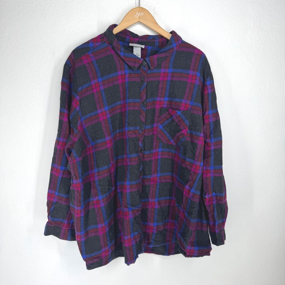 Catherines Womens 4X Flannel Shirt Purple Blue Black Plaid Cotton Button Down